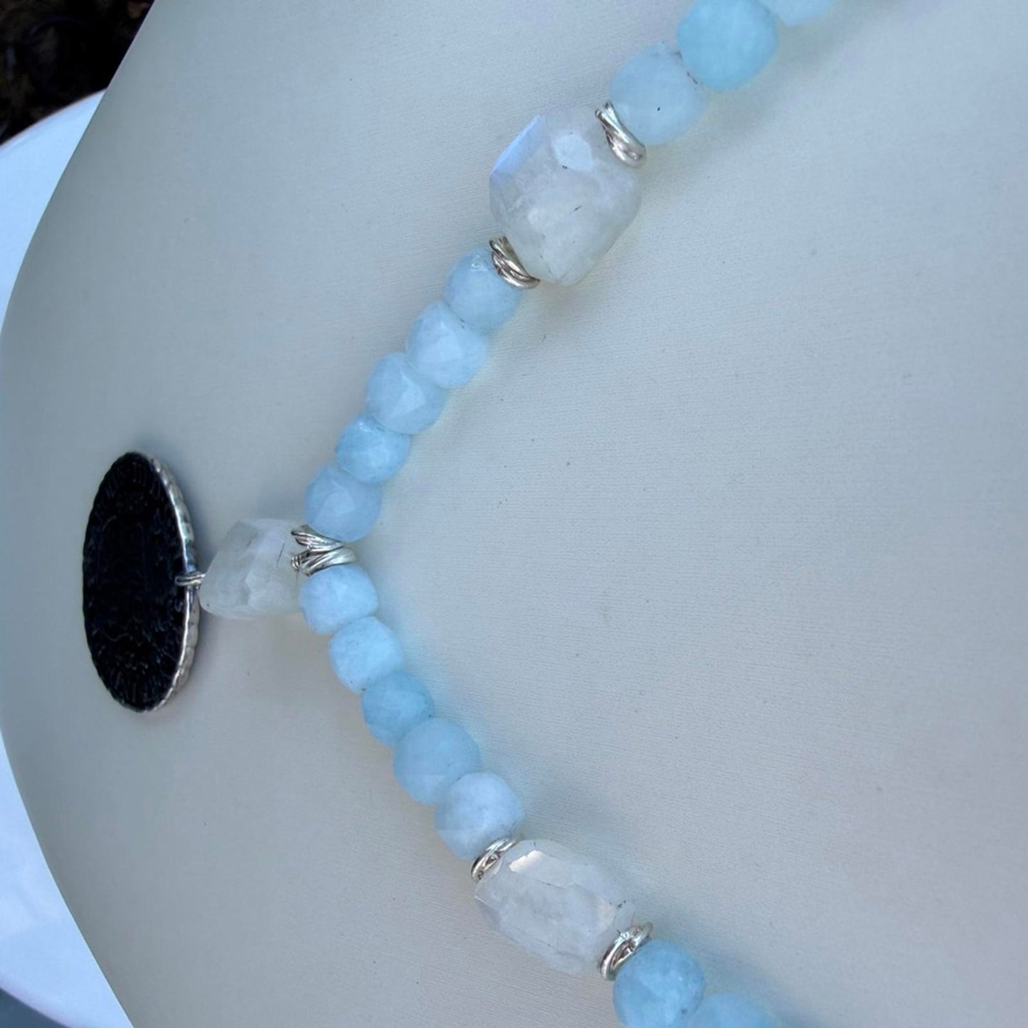 Vintage Spanish Coin Necklace – Blue Jade. Moonstones. Silver Medallion Pendant