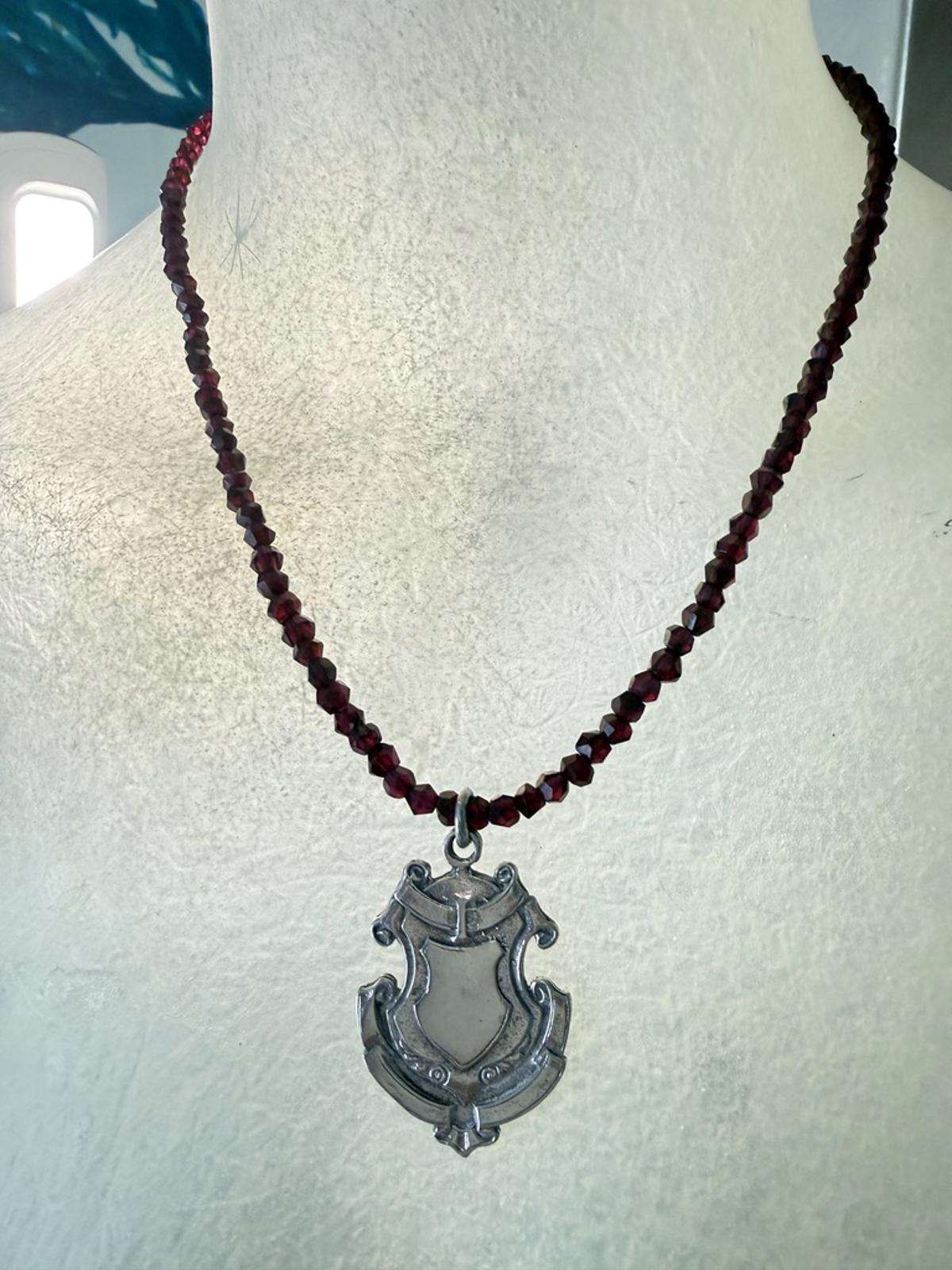 Handmade Garnet Necklace with Vintage Sterling Silver Shield Pendant.