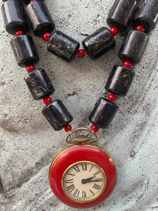Black Tourmaline. Red Glass Spacer Beads. 2 Seperate Strands. Vintage 60s Watch. Statement Necklaces. Healing/Spiritual Stone. OOAK.
