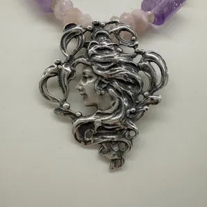 Vintage Art Nouveau Pendant Necklace. Sterling Silver Amethyst Rose Quartz Freshwater Pearls Necklace.