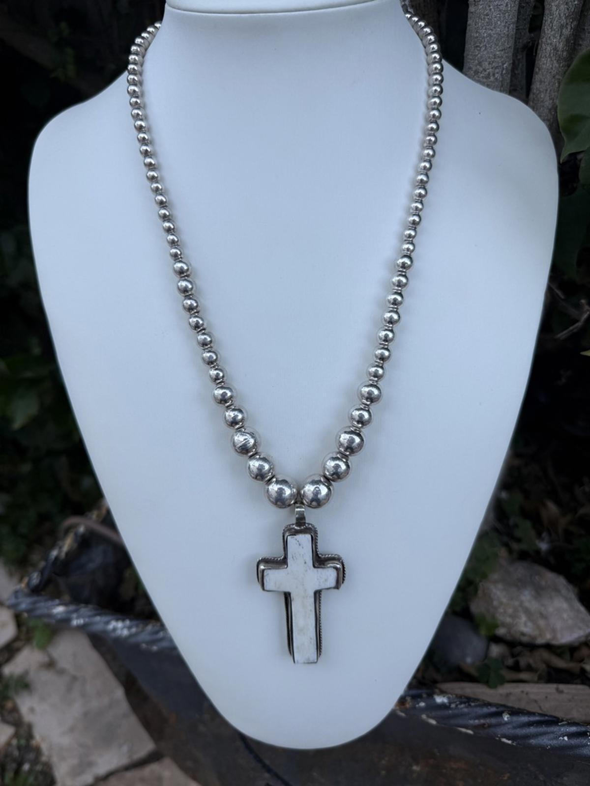 Graduated Silver Navajo Pearl Necklace. Bone Cross Pendant Southwestern Jewelry.