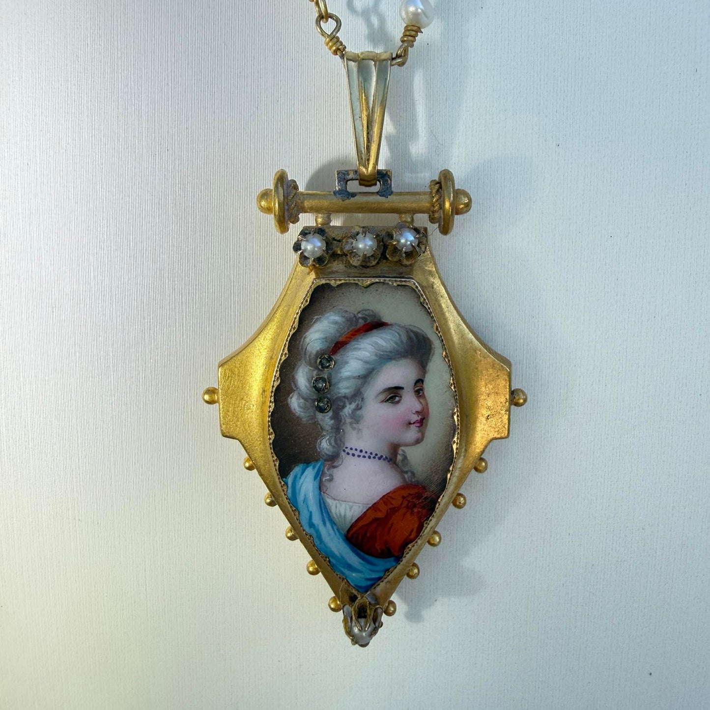 Vintage Mourning Locket Portrait Pendant. Pearls and Diamonds.