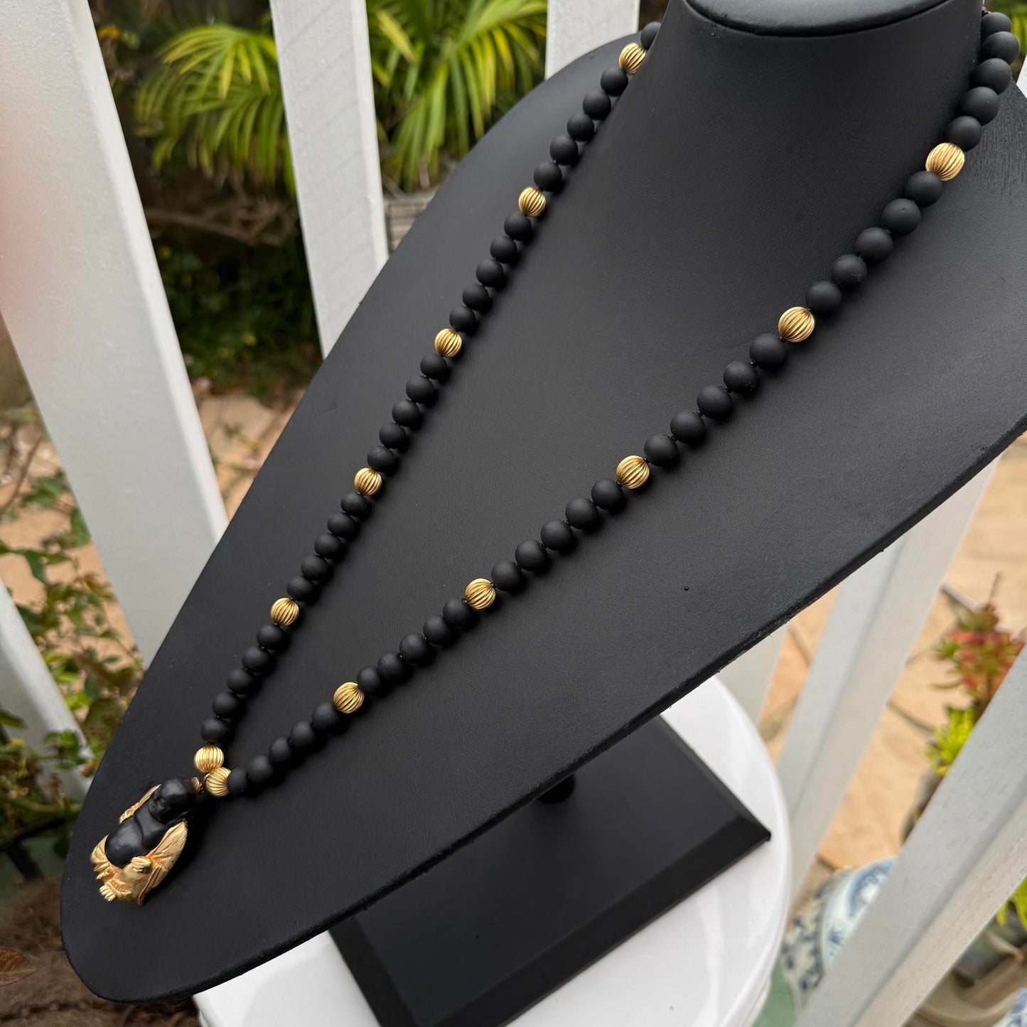 Buddha Necklace. Black with Gold Accent Beads. Mala Style Necklace. Vintage.