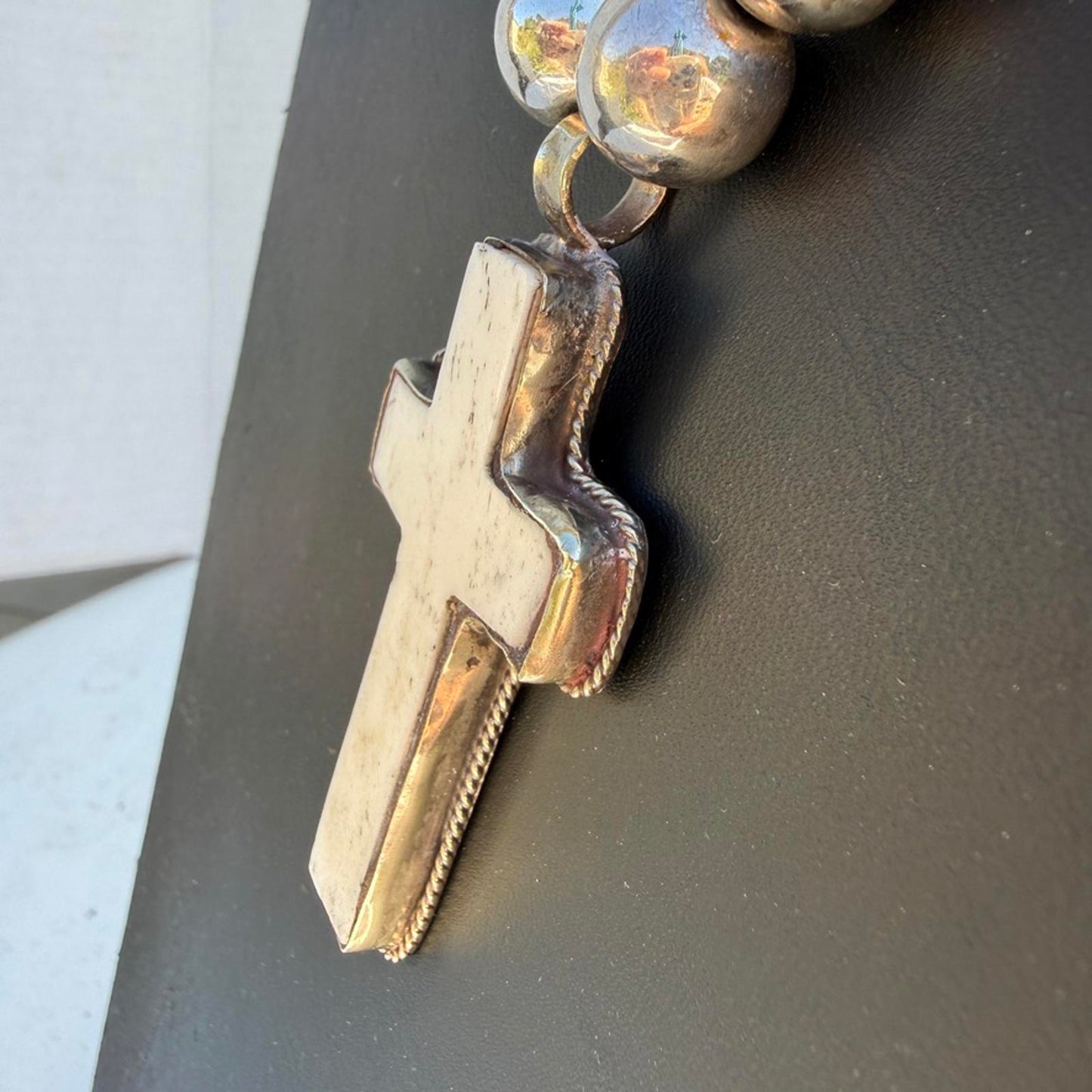Graduated Silver Navajo Pearl Necklace. Bone Cross Pendant Southwestern Jewelry.