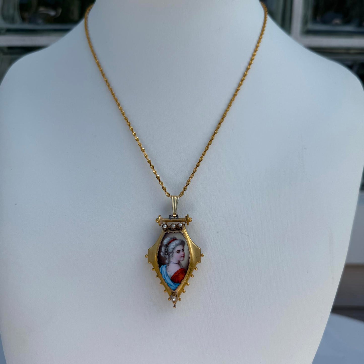 Vintage Mourning Locket Portrait Pendant. Pearls and Diamonds.