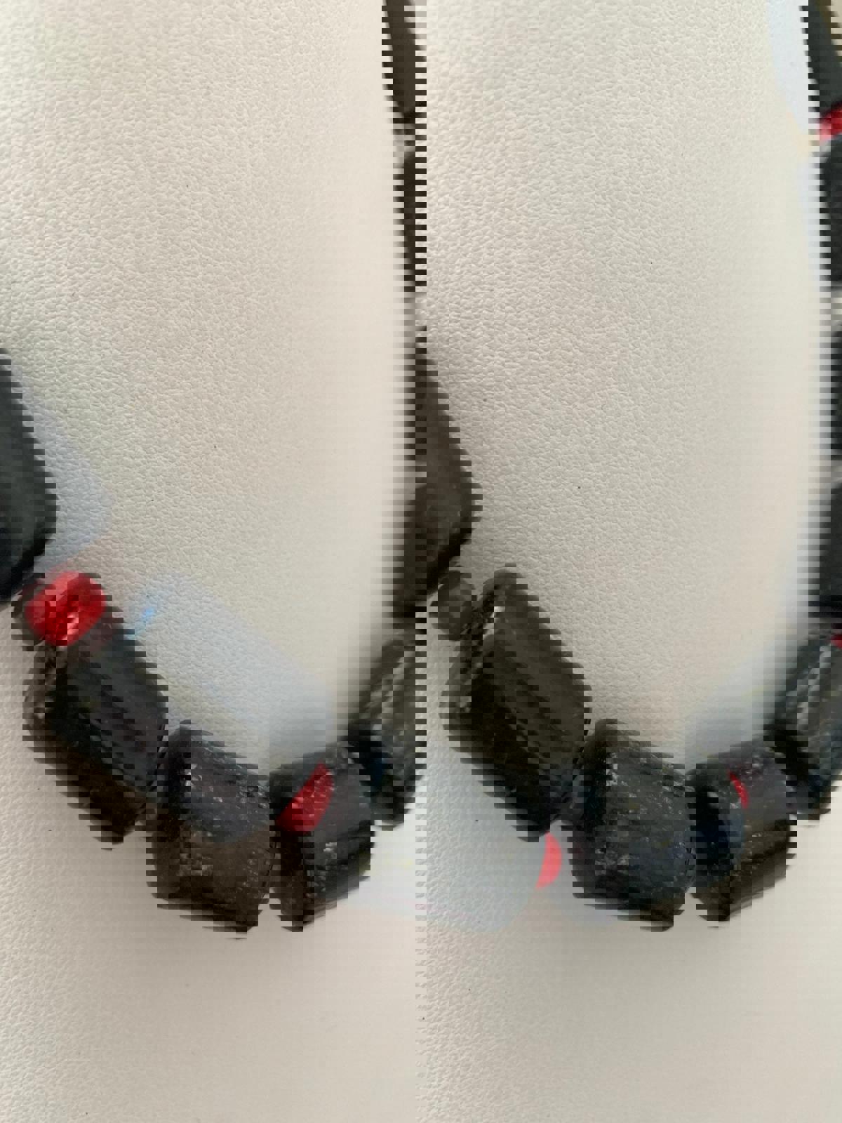 Black Tourmaline. Red Glass Spacer Beads. 2 Seperate Strands. Vintage 60s Watch. Statement Necklaces. Healing/Spiritual Stone. OOAK.