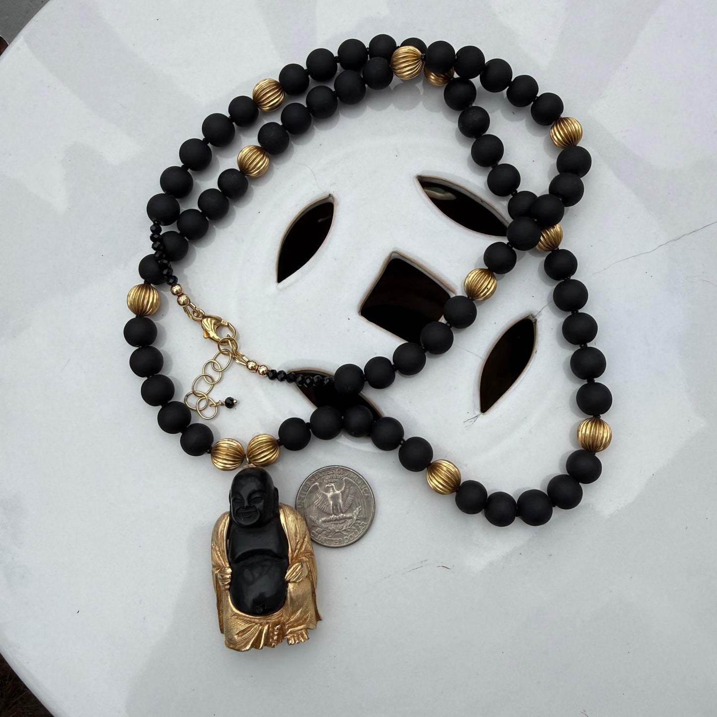 Buddha Necklace. Black with Gold Accent Beads. Mala Style Necklace. Vintage.