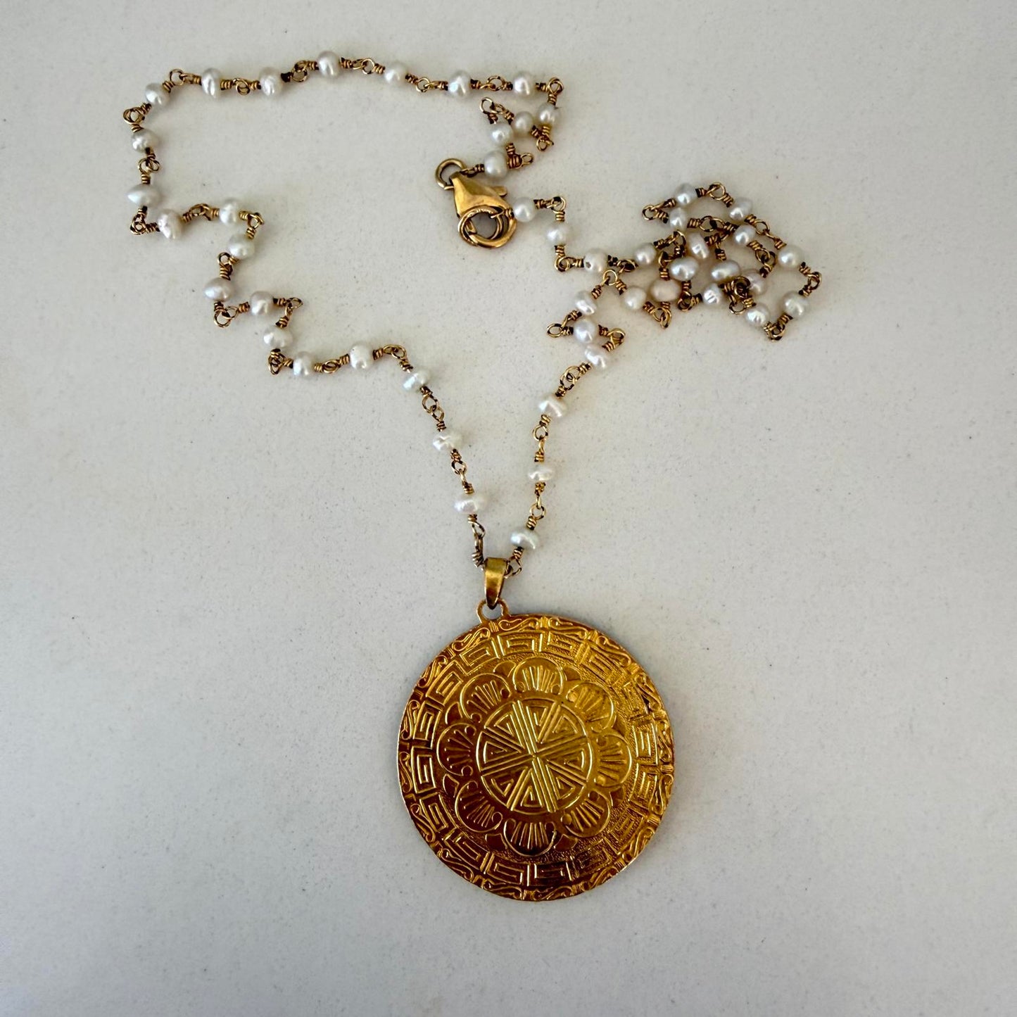 Vintage Chinese Medallion Pendant Pearl Necklace