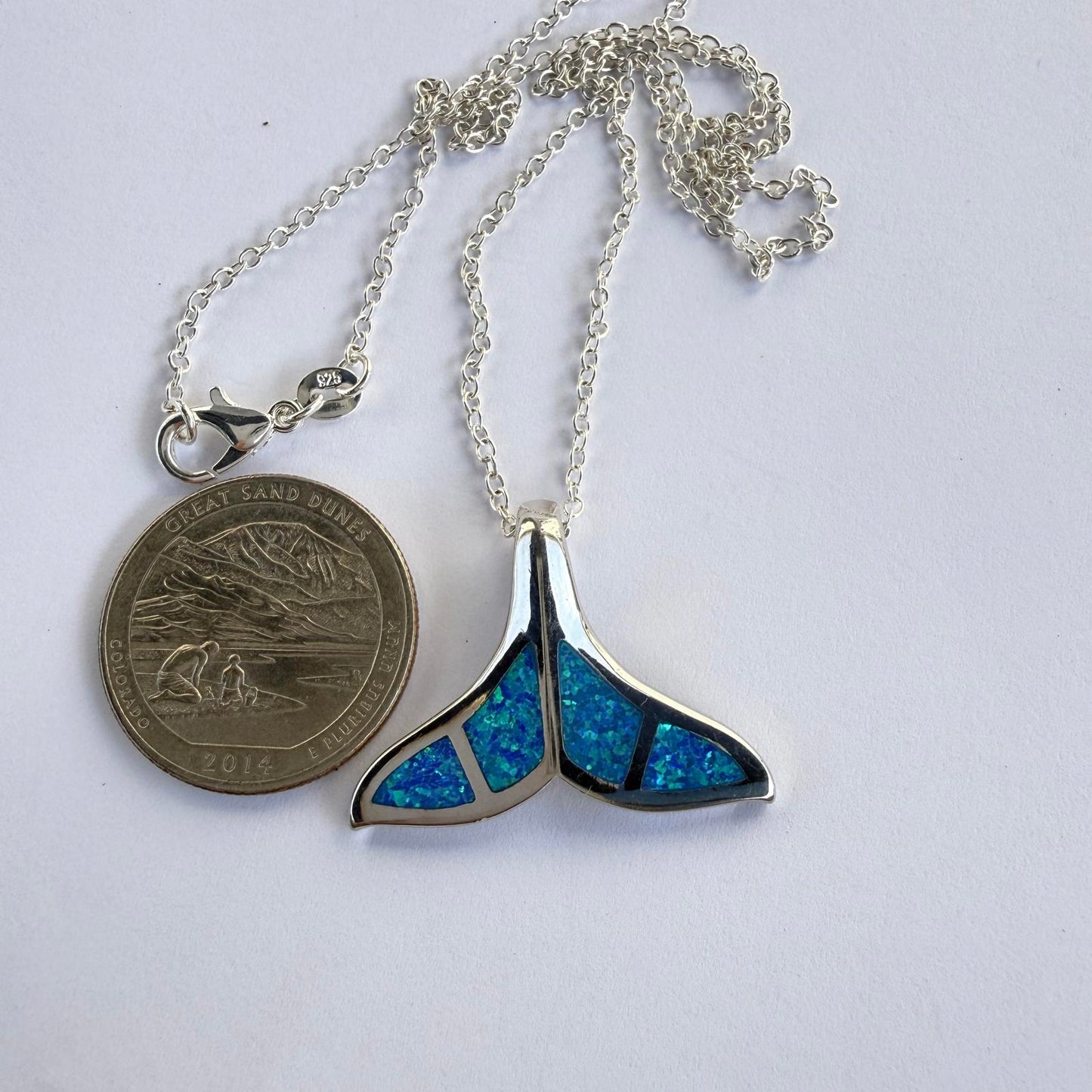 Whale Tail Opal Inlay Pendant in Sterling Silver with Pavé Halo