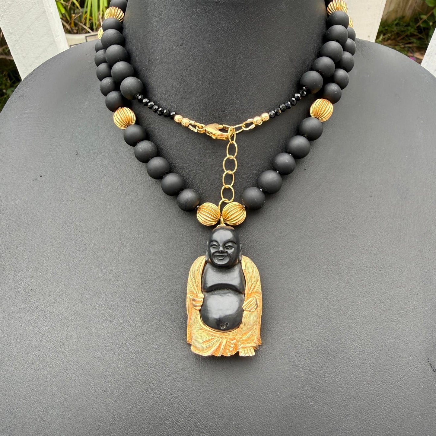 Buddha Necklace. Black with Gold Accent Beads. Mala Style Necklace. Vintage.