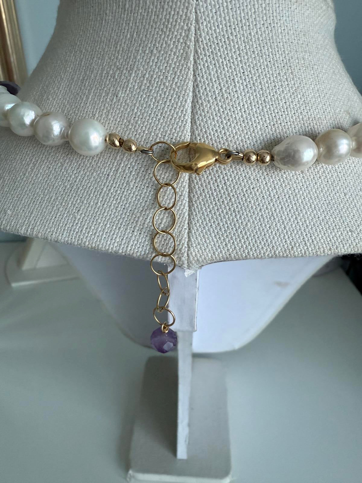 Amethyst Baroque Pearl Necklace with Gold-Tone Accents. Handmade.