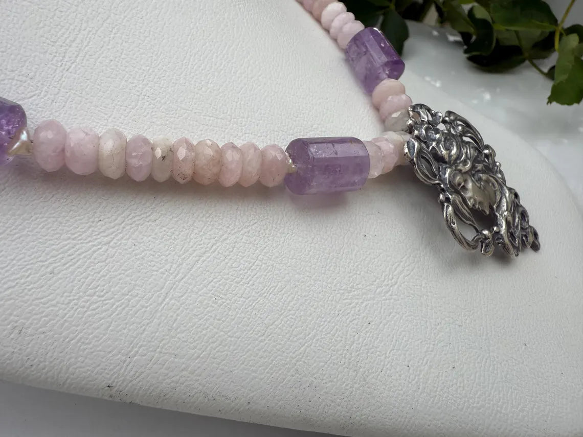 Vintage Art Nouveau Pendant Necklace. Sterling Silver Amethyst Rose Quartz Freshwater Pearls Necklace.