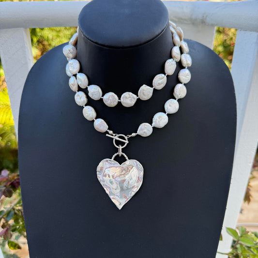 Hand-Knotted Freshwater Coin Pearl Necklace with Vintage Silver Heart.