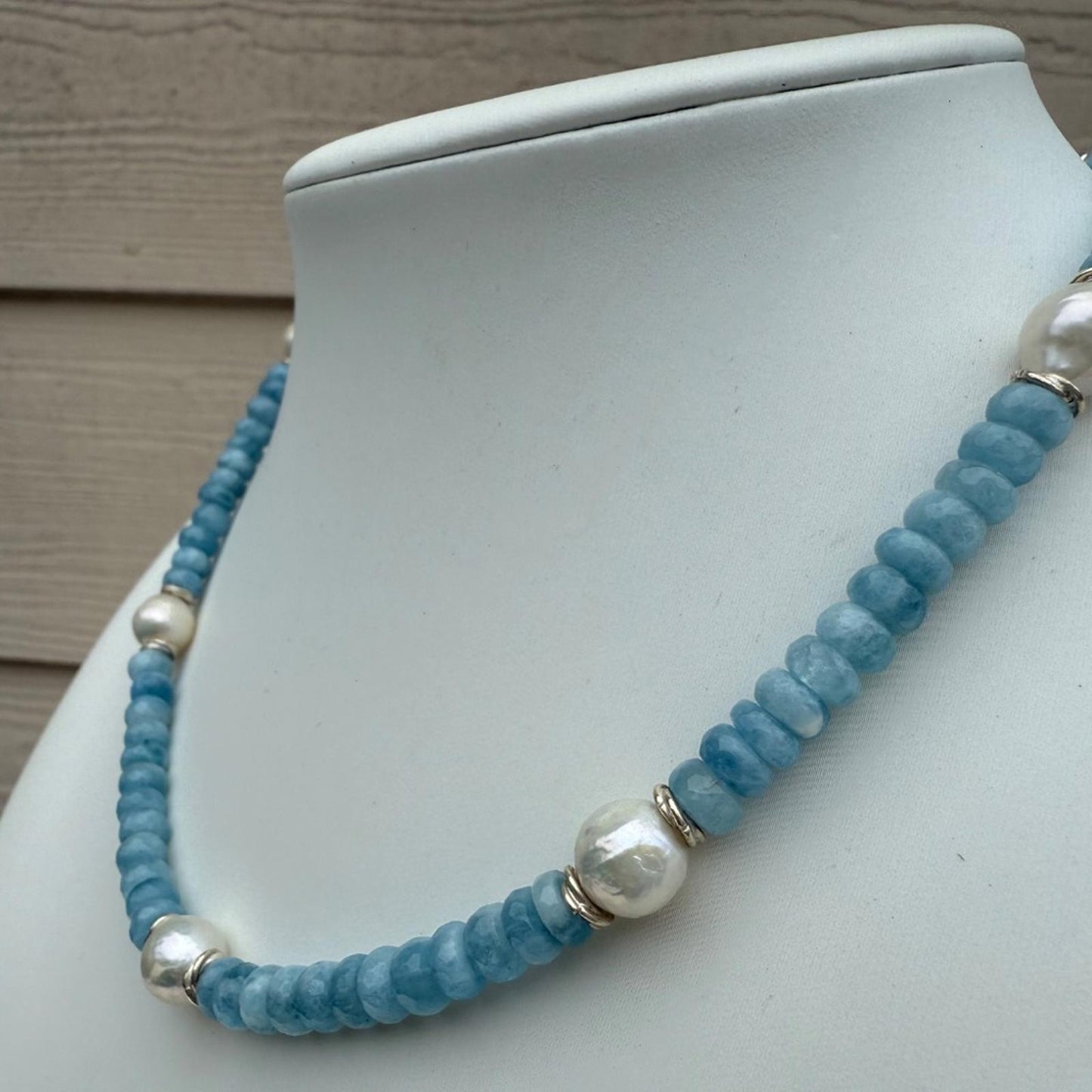 Aquamarine Pearl Necklace. Necklace With Sterling Silver Findings.