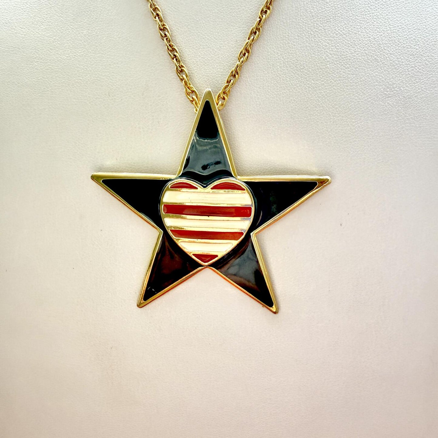 Vintage Signed Rion Patriotic Necklace. Red White Blue Heart and Star.