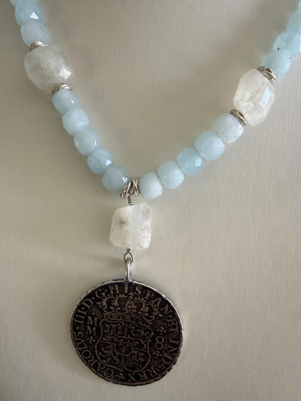 Vintage Spanish Coin Necklace – Blue Jade. Moonstones. Silver Medallion Pendant