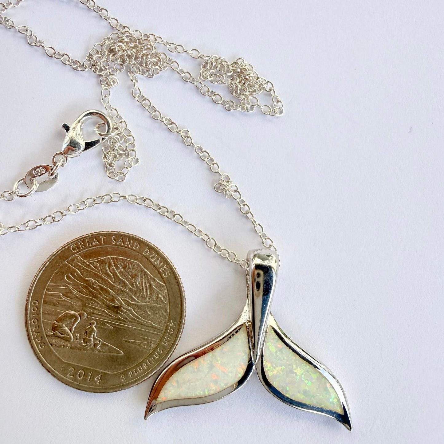 Whale Tail Pendant Sterling Silver with Opal Inlay | Ocean Necklace