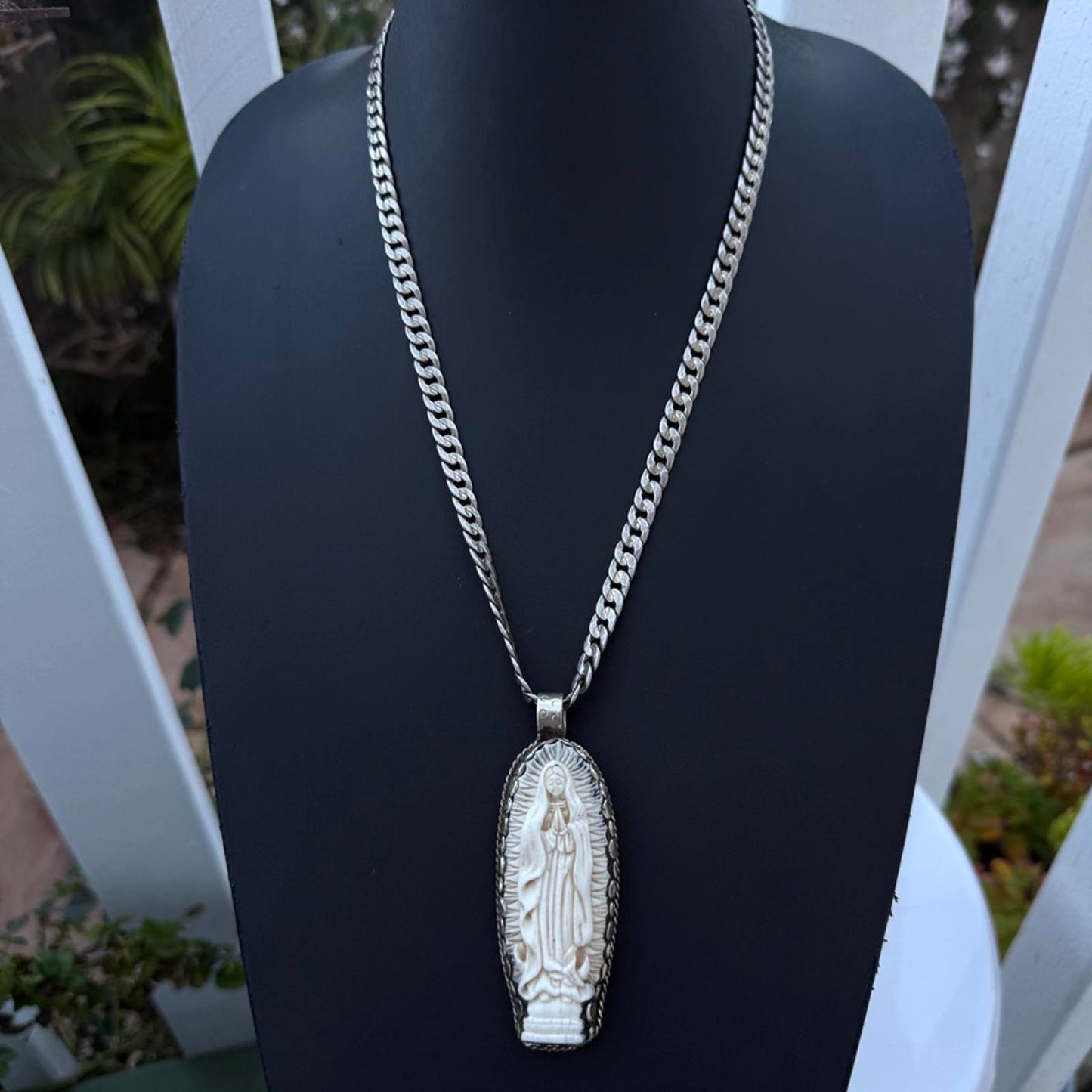 Virgin Mary Carved Bone Pendant on Vintage Multi-Strand Bone Necklace