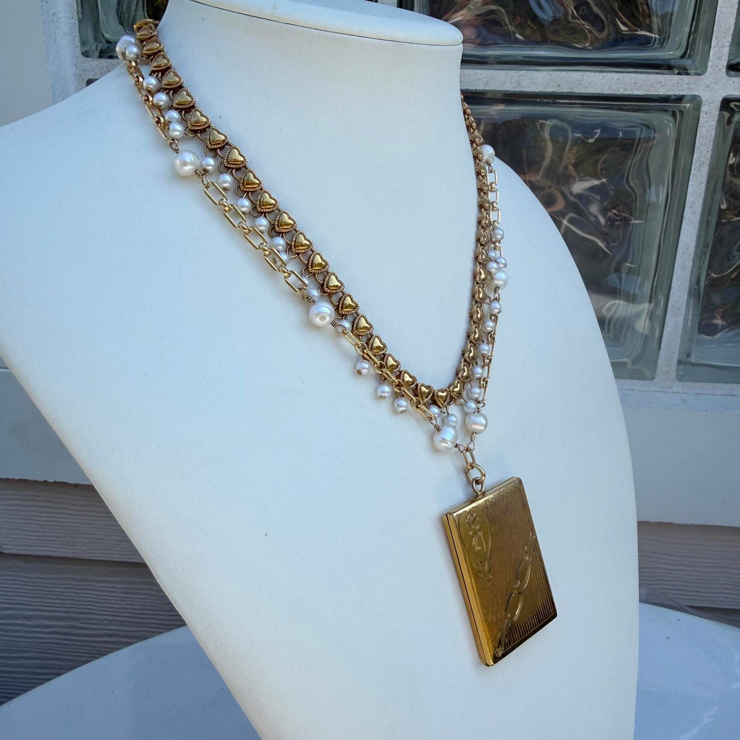Antique Art Deco Four Photo Gold Fill Locket Necklace with Pearl Chains.