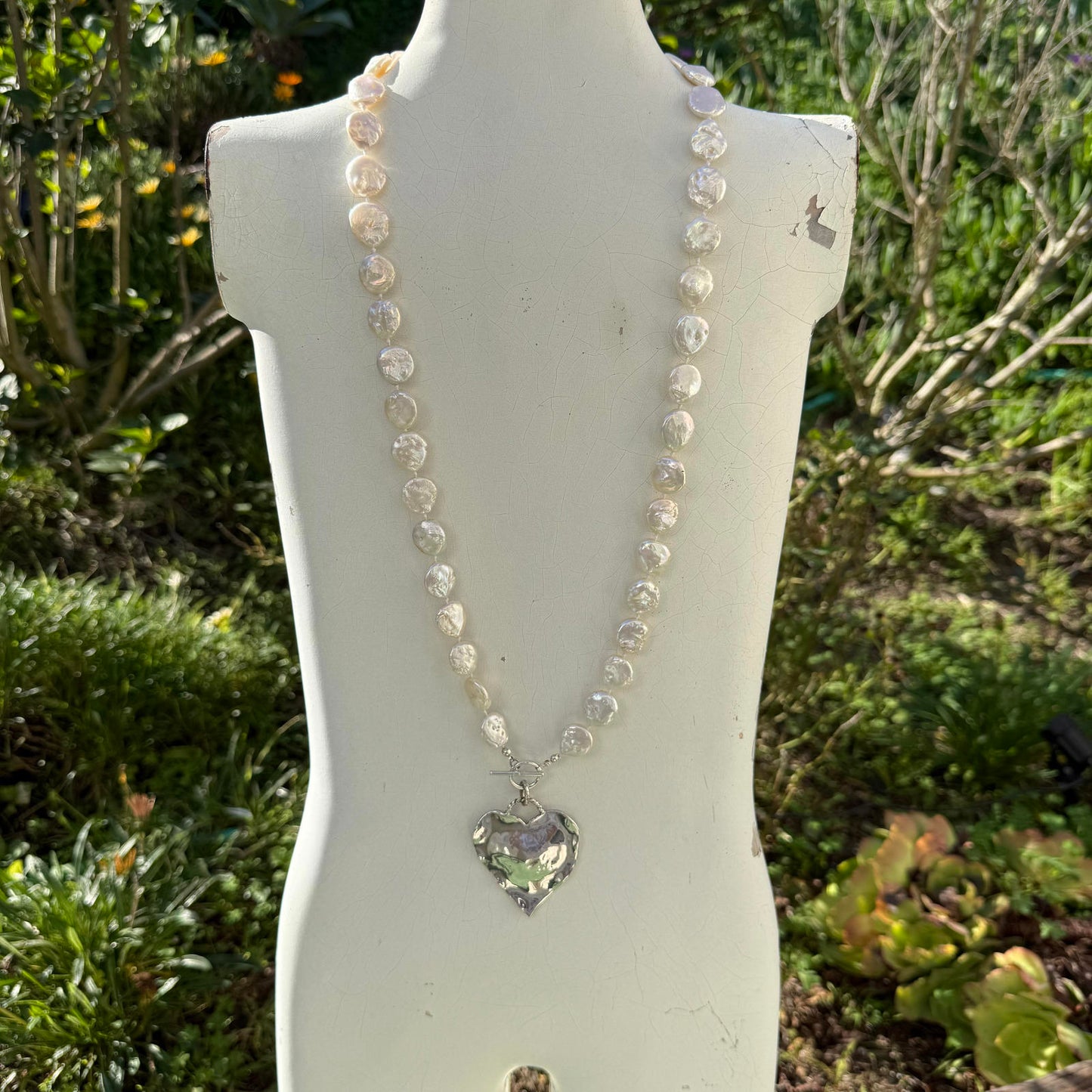 Hand-Knotted Freshwater Coin Pearl Necklace with Vintage Silver Heart.