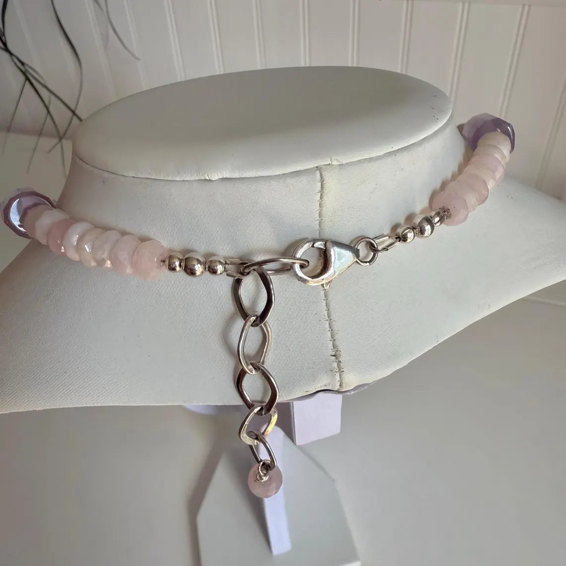 Vintage Art Nouveau Pendant Necklace. Sterling Silver Amethyst Rose Quartz Freshwater Pearls Necklace.