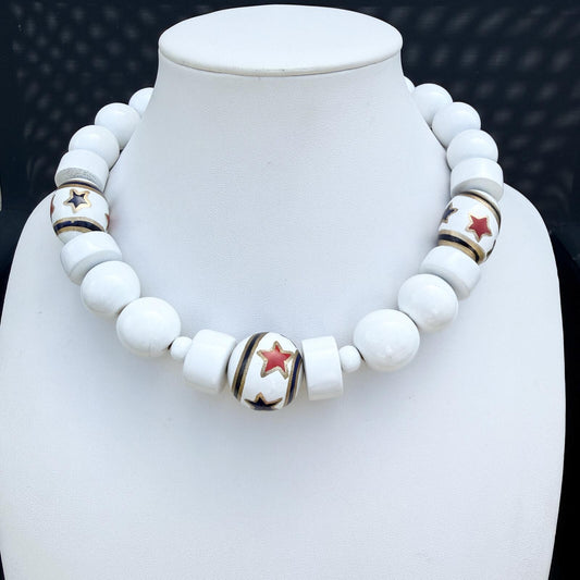 Handmade Patriotic Wood Bead Necklace July 4th Red White Blue Statement Necklace