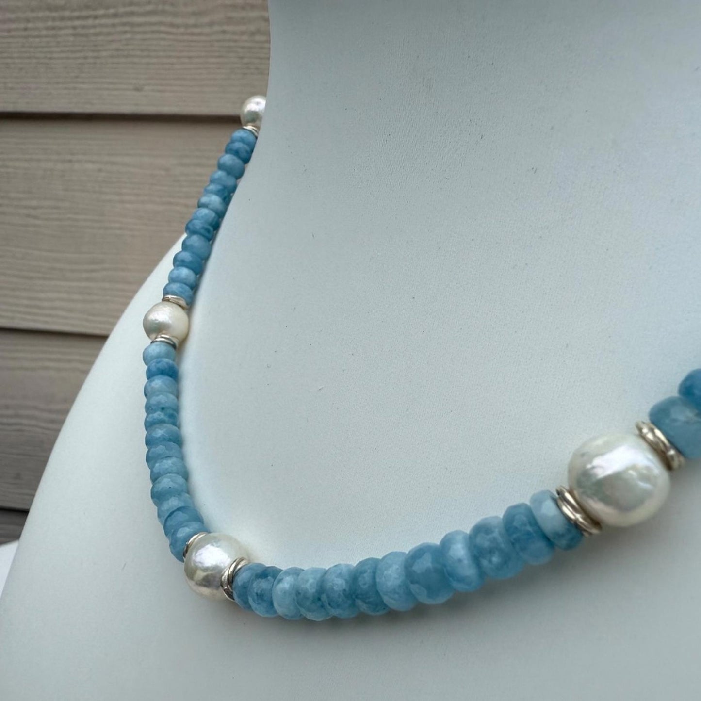 Aquamarine Pearl Necklace. Necklace With Sterling Silver Findings.