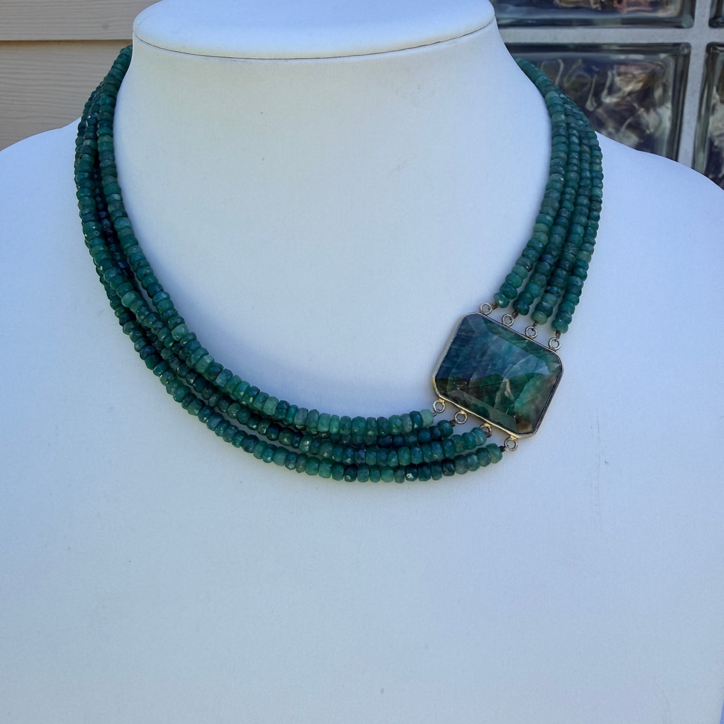 Vintage. Emerald Green Agate Cabochon. Set in Sterling Silver With A Gold Finish. Four strands of green agate.