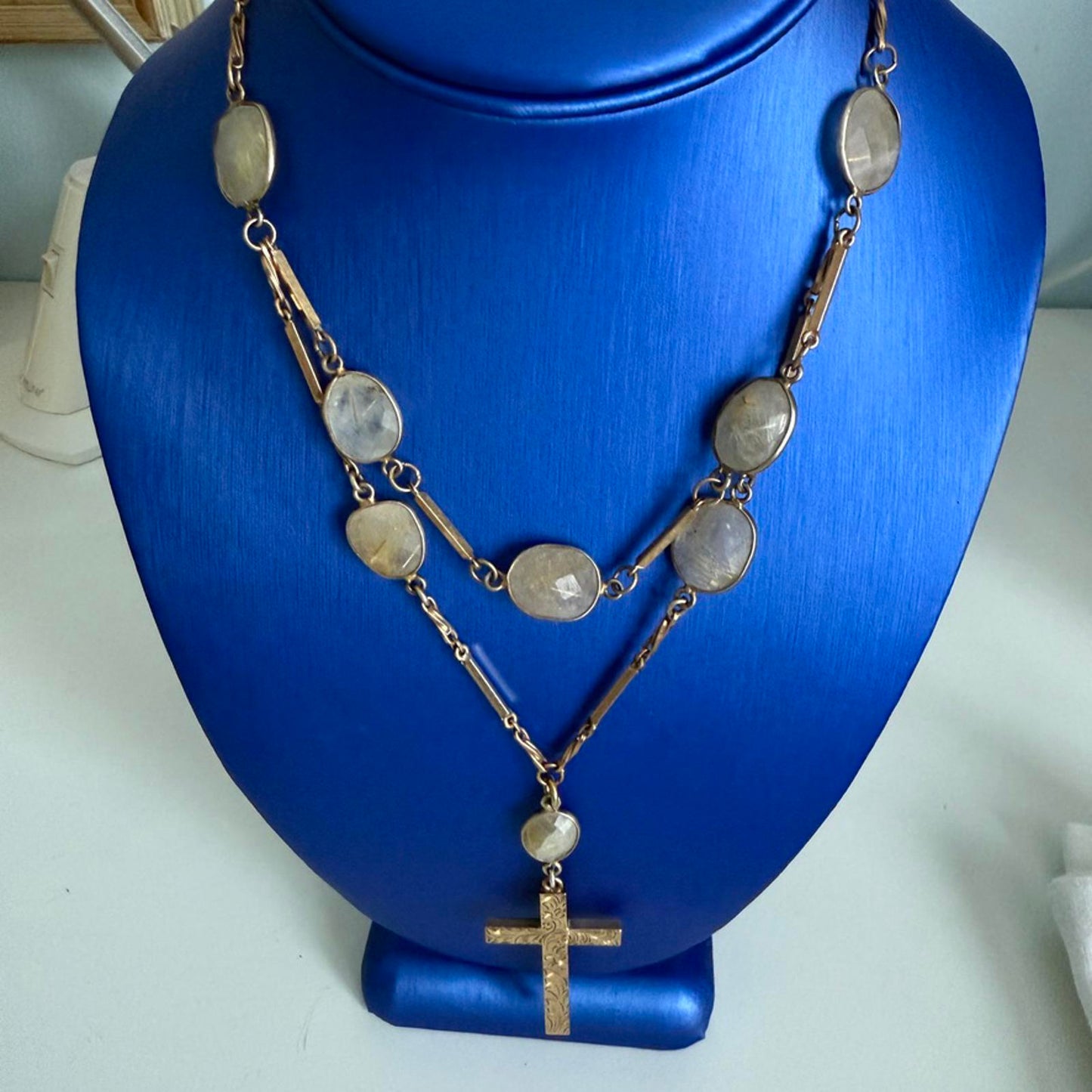 Vintage Gold Cross Pendant Necklace with Citrine Accents