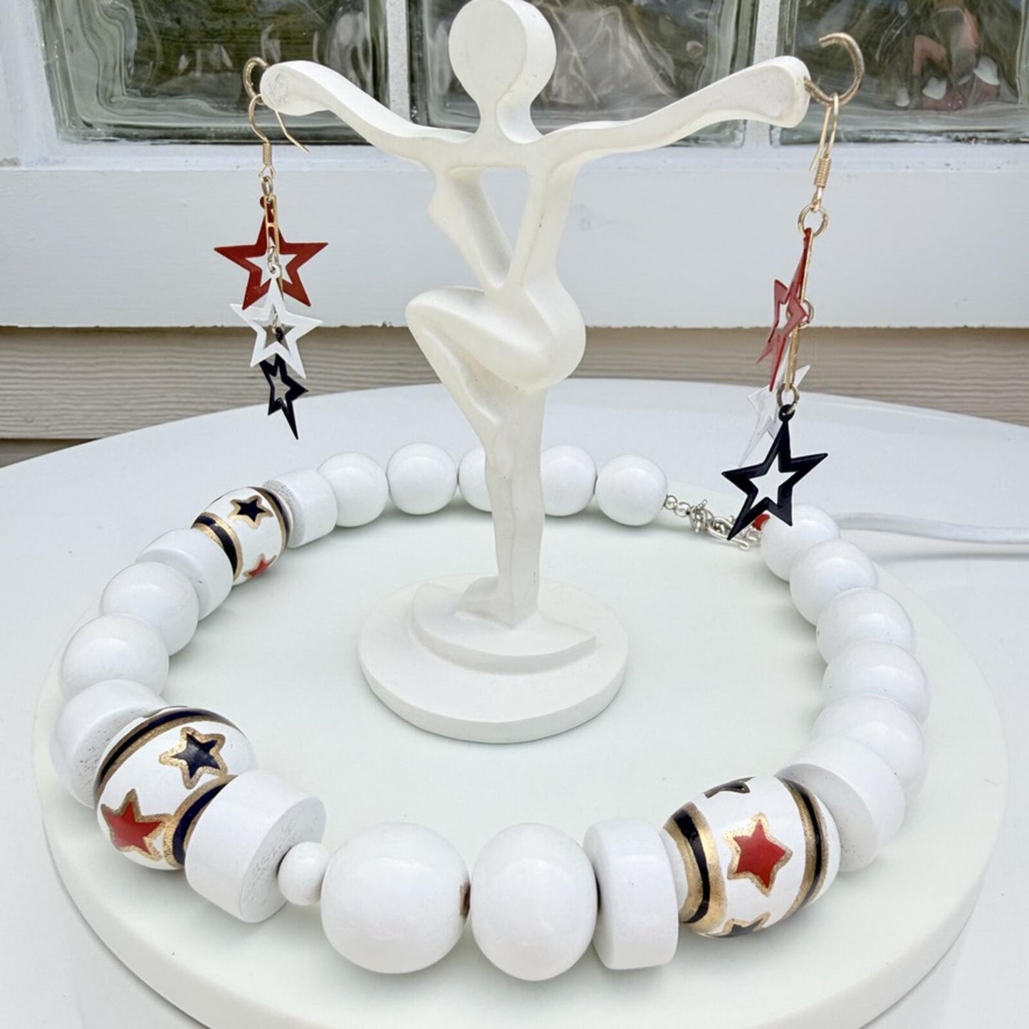 Handmade Patriotic Wood Bead Necklace July 4th Red White Blue Statement Necklace