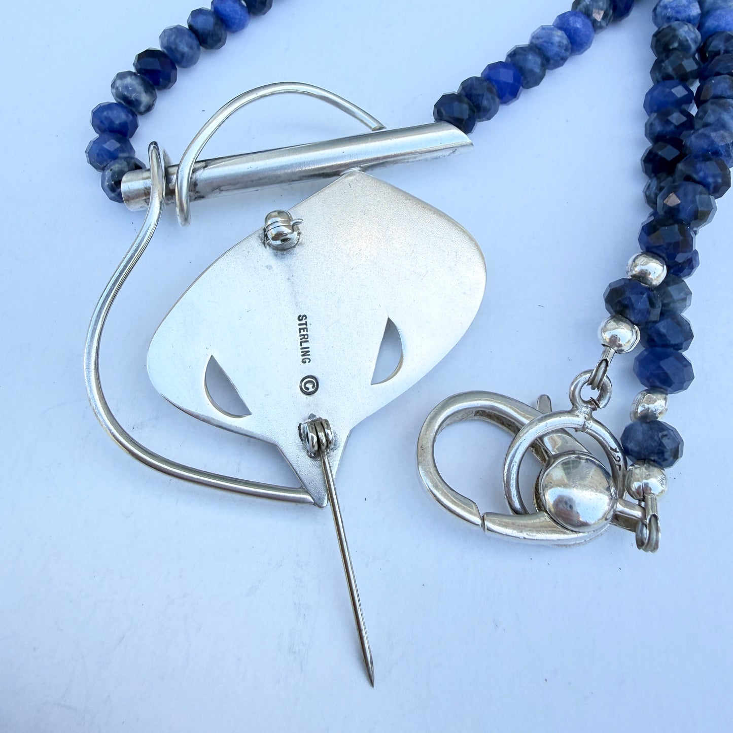 Contemporary. Sodalite. Cabochon. Sterling Silver Pendant. Faceted Blue Sodalite Beads. Long Necklace. Can be Doubled. Modern.OOAK