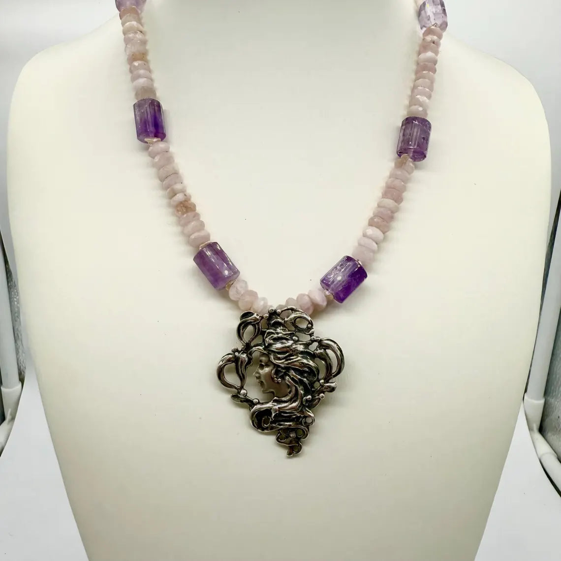 Vintage Art Nouveau Pendant Necklace. Sterling Silver Amethyst Rose Quartz Freshwater Pearls Necklace.