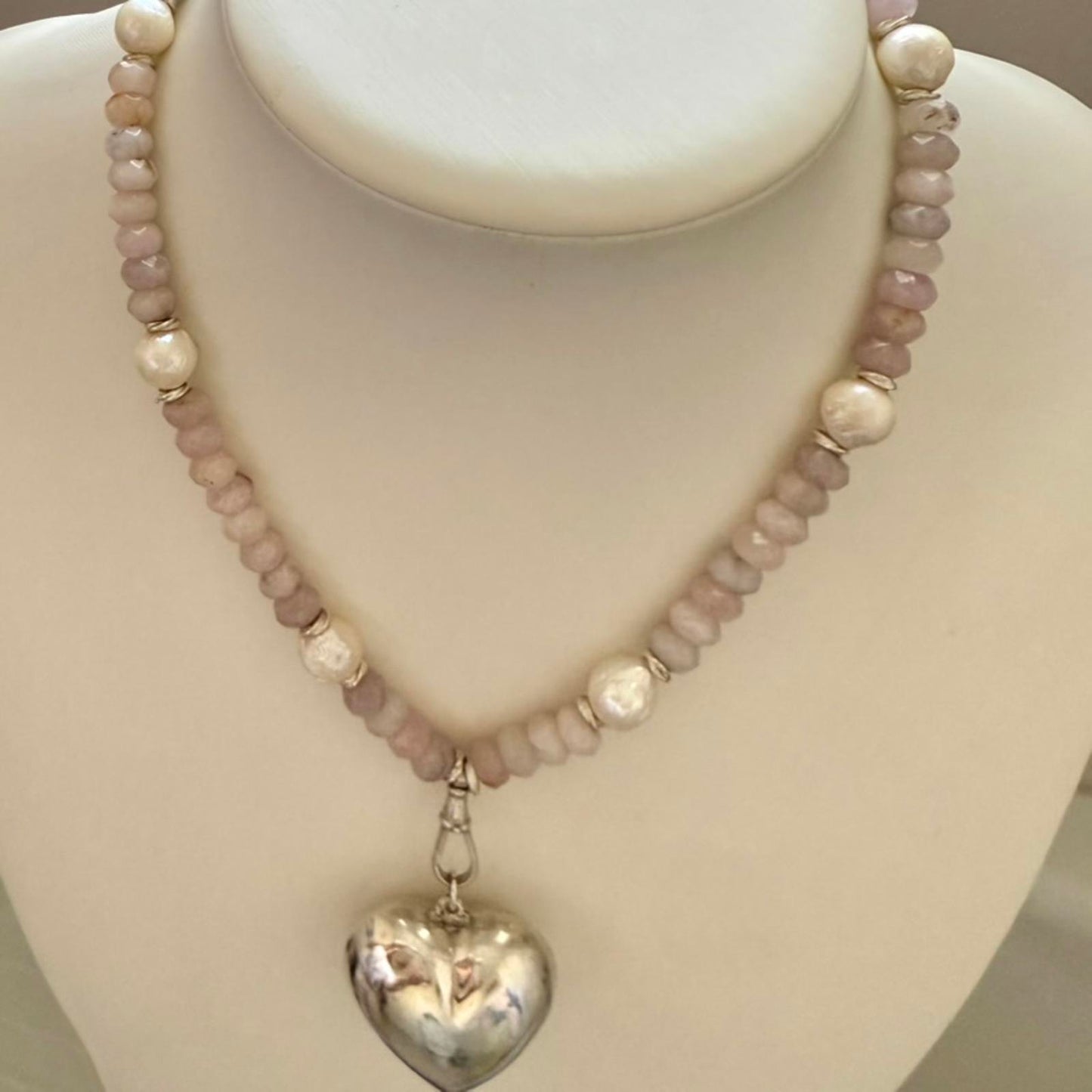 Vintage Sterling Silver Puffy Heart Necklace with Rose Quartz & Baroque Pearls.