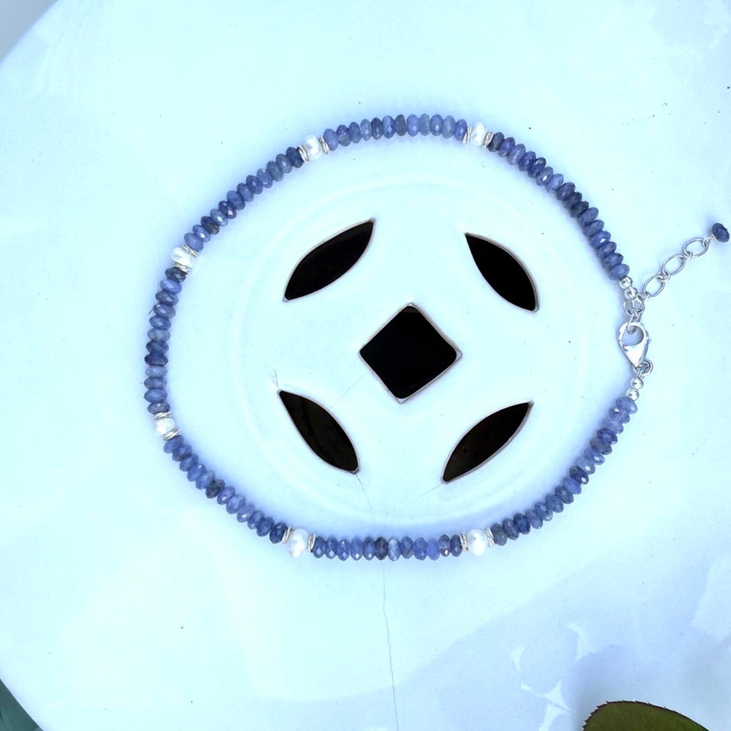 Tanzanite and baroque pearl necklace with sterling silver accents, handmade.