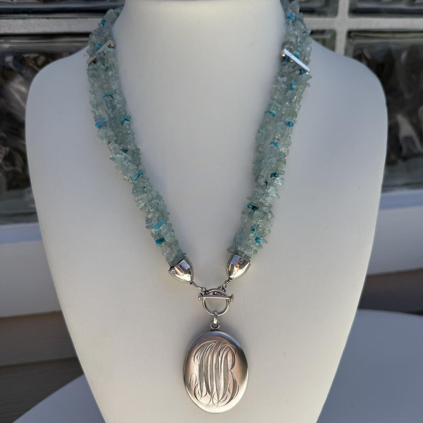 Antique Sterling Silver Monogram Locket. Vintage DTR Apitate Turquoise 3 Strand