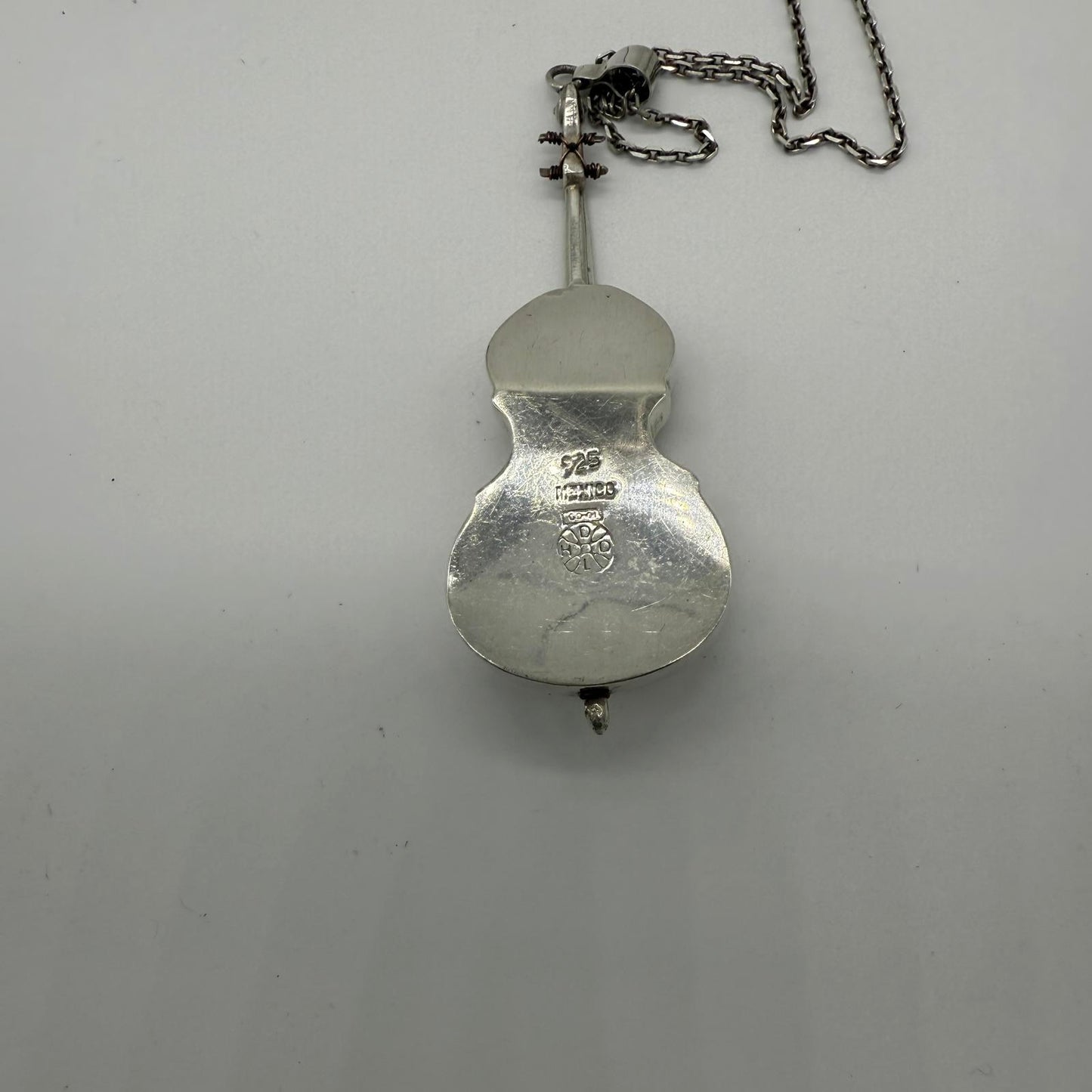Vintage Sterling Silver Violin Pendant On Sterling Silver chain Necklace.