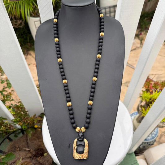 Buddha Necklace. Black with Gold Accent Beads. Mala Style Necklace. Vintage.