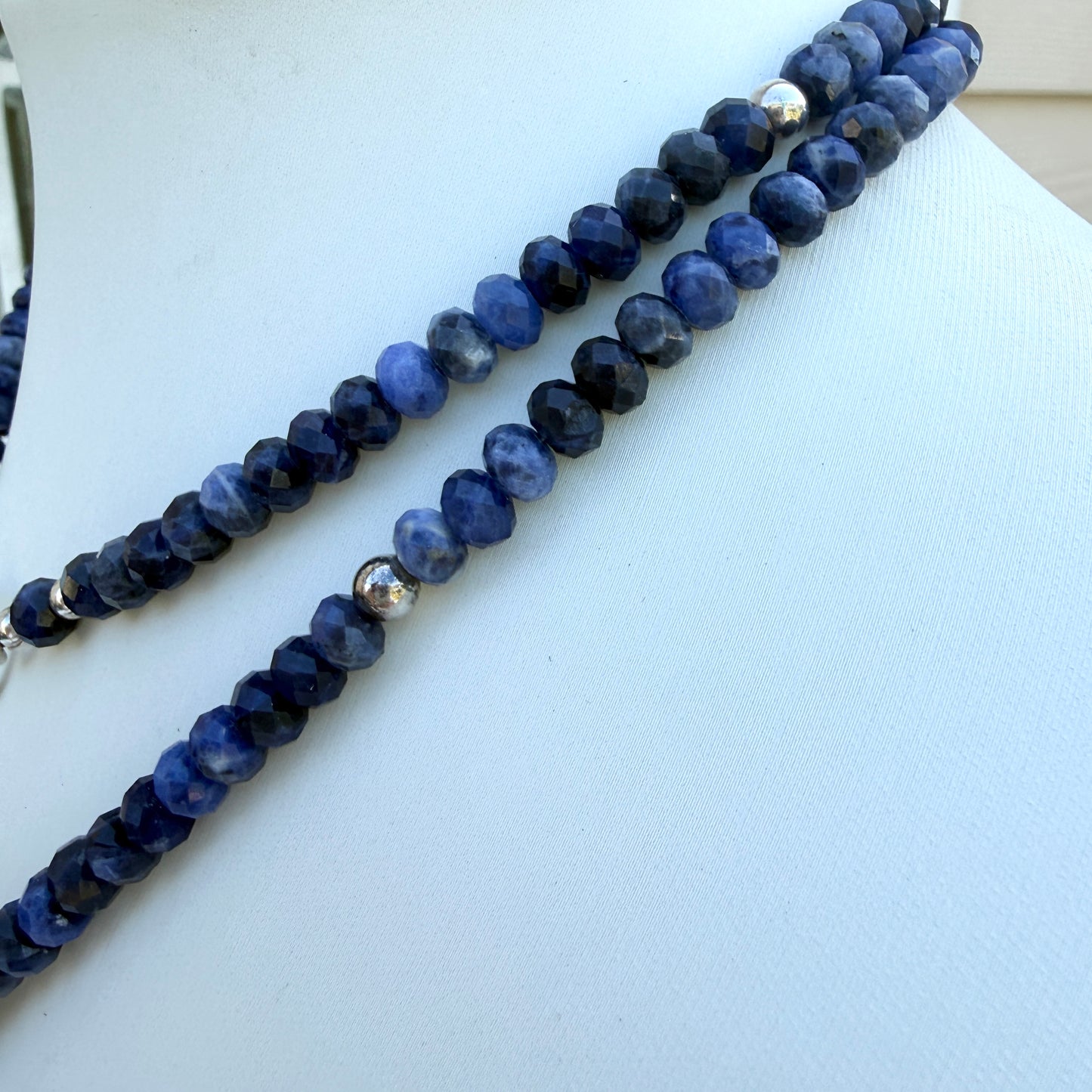 Contemporary. Sodalite. Cabochon. Sterling Silver Pendant. Faceted Blue Sodalite Beads. Long Necklace. Can be Doubled. Modern.OOAK