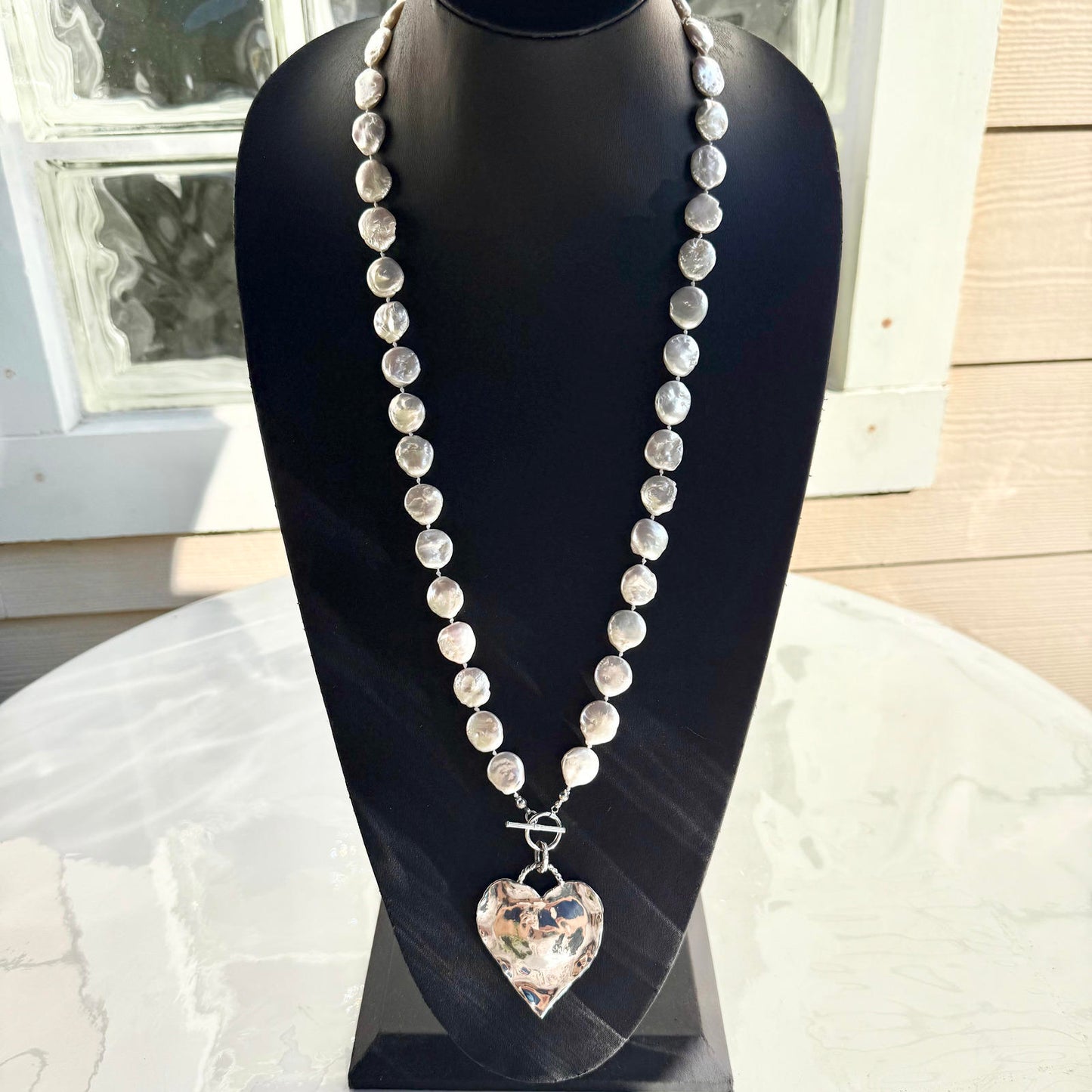 Hand-Knotted Freshwater Coin Pearl Necklace with Vintage Silver Heart.