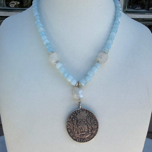 Vintage Spanish Coin Necklace – Blue Jade. Moonstones. Silver Medallion Pendant