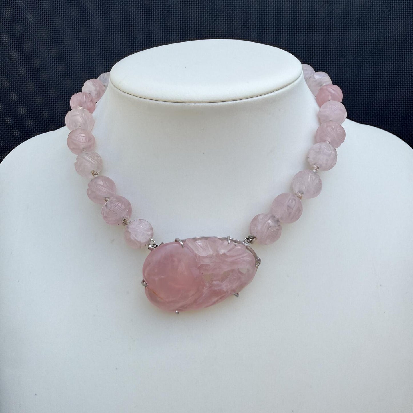Vintage Rose Quartz Necklace. Vintage Hand Carved Beads.