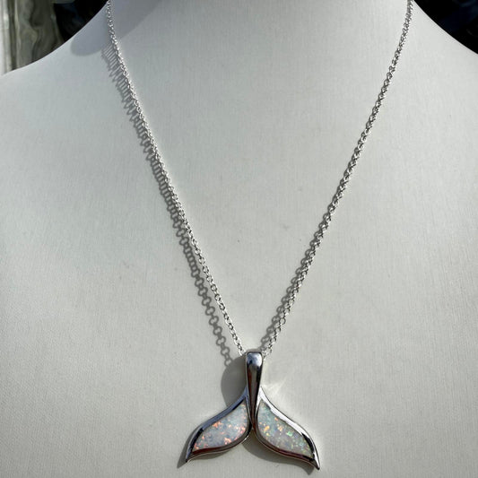 Whale Tail Pendant Sterling Silver with Opal Inlay | Ocean Necklace