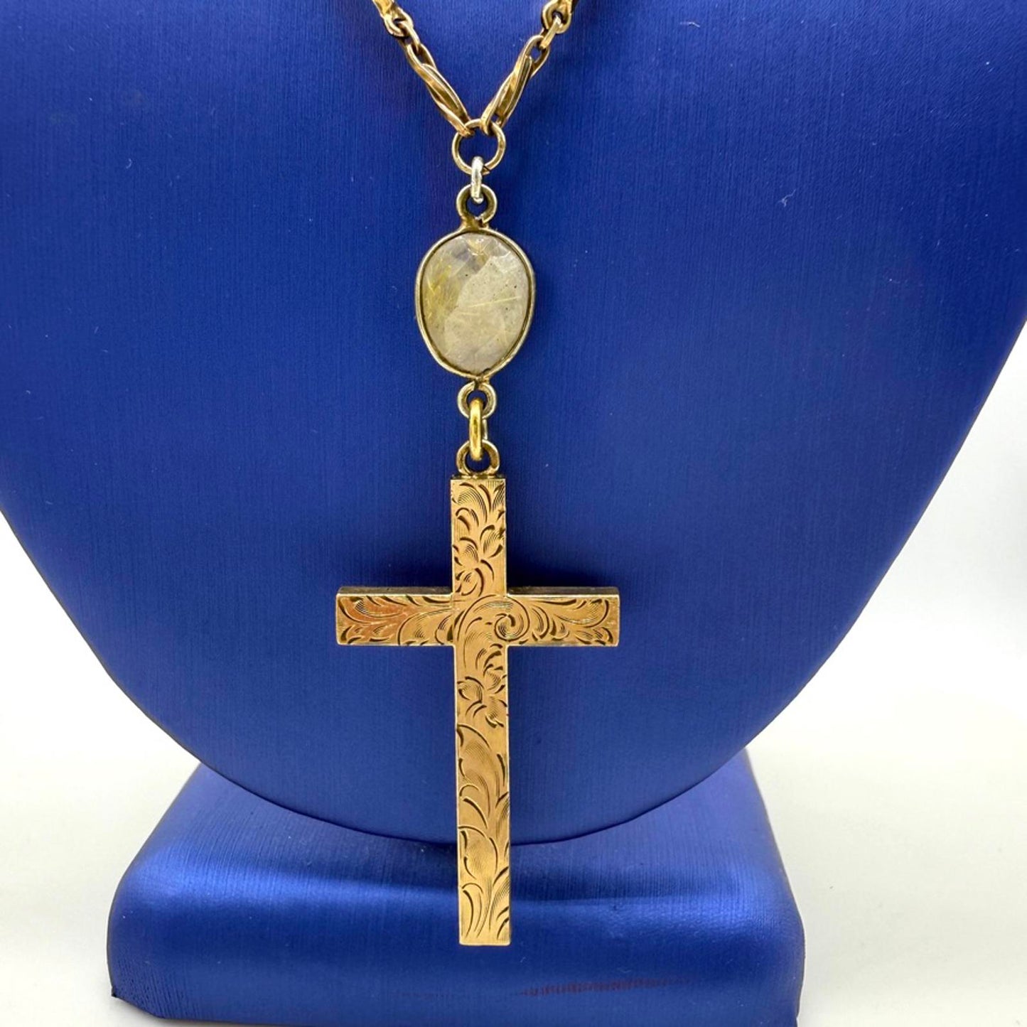 Vintage Gold Cross Pendant Necklace with Citrine Accents