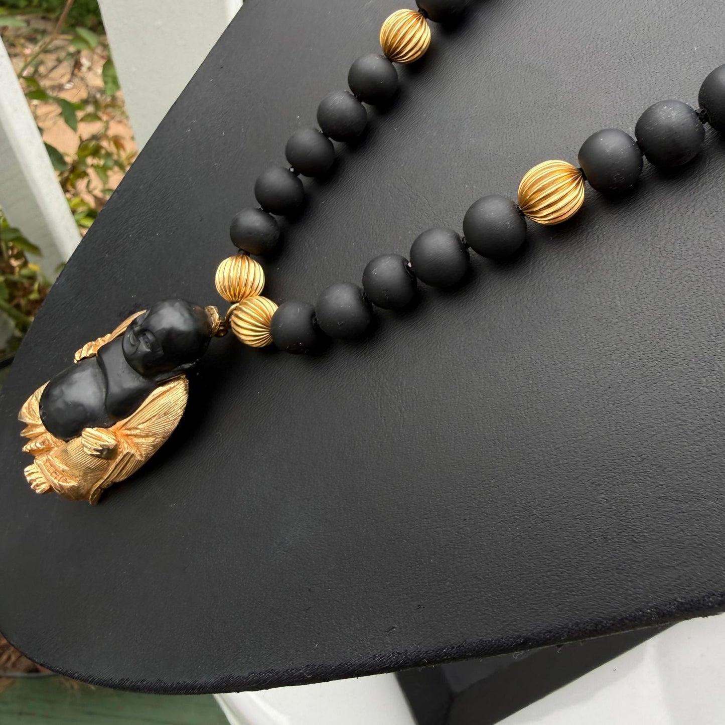 Buddha Necklace. Black with Gold Accent Beads. Mala Style Necklace. Vintage.