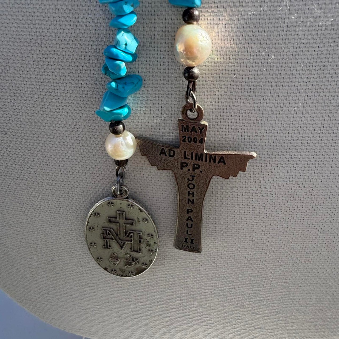 Turquoise/Howlite Lariat Necklace. Pearls. Vintage Religious Pendant Necklace.