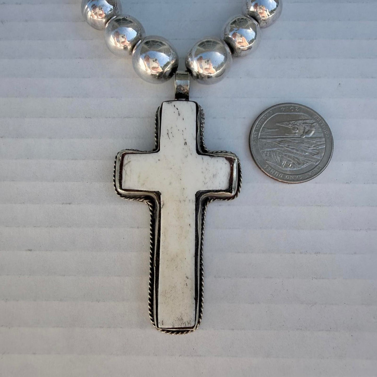 Graduated Silver Navajo Pearl Necklace. Bone Cross Pendant Southwestern Jewelry.
