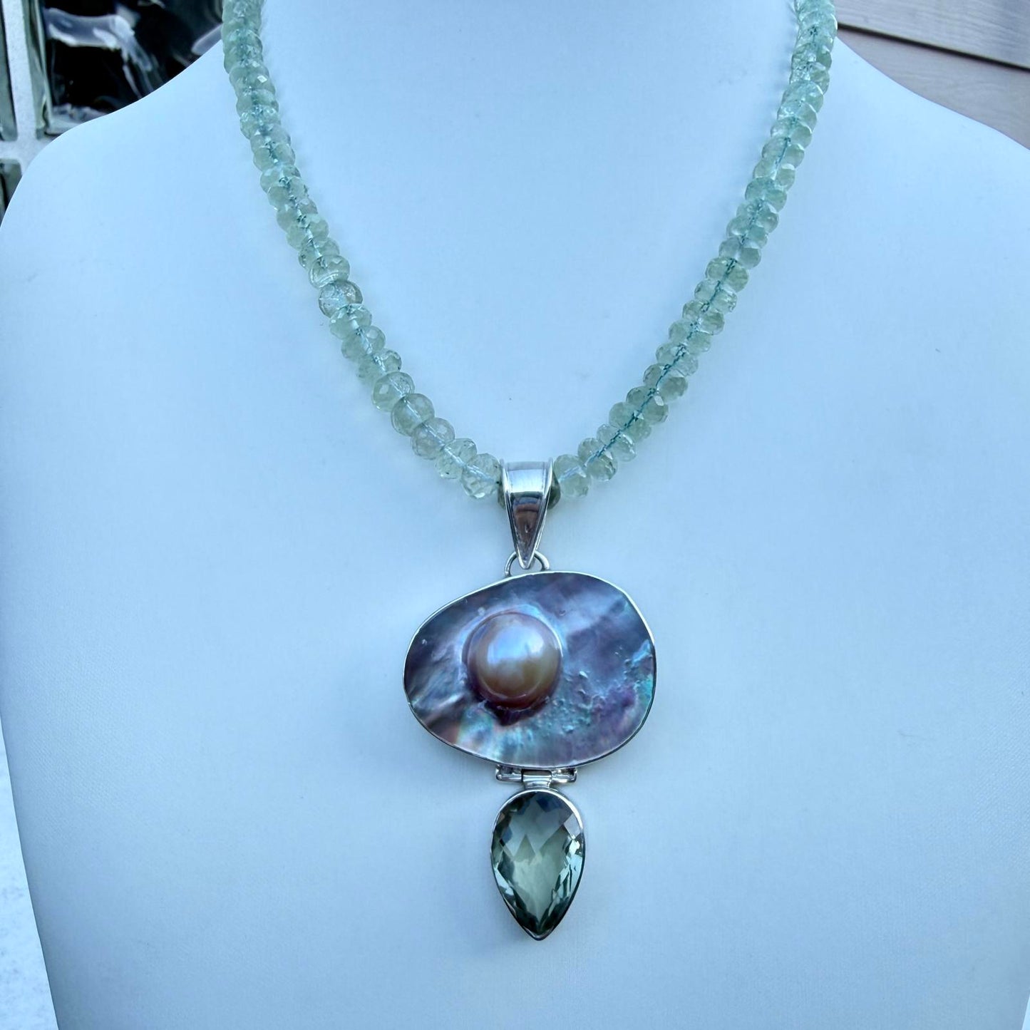 Vintage Green Amethyst & Mabé Pearl Pendant Necklace. Sterling Silver Setting.