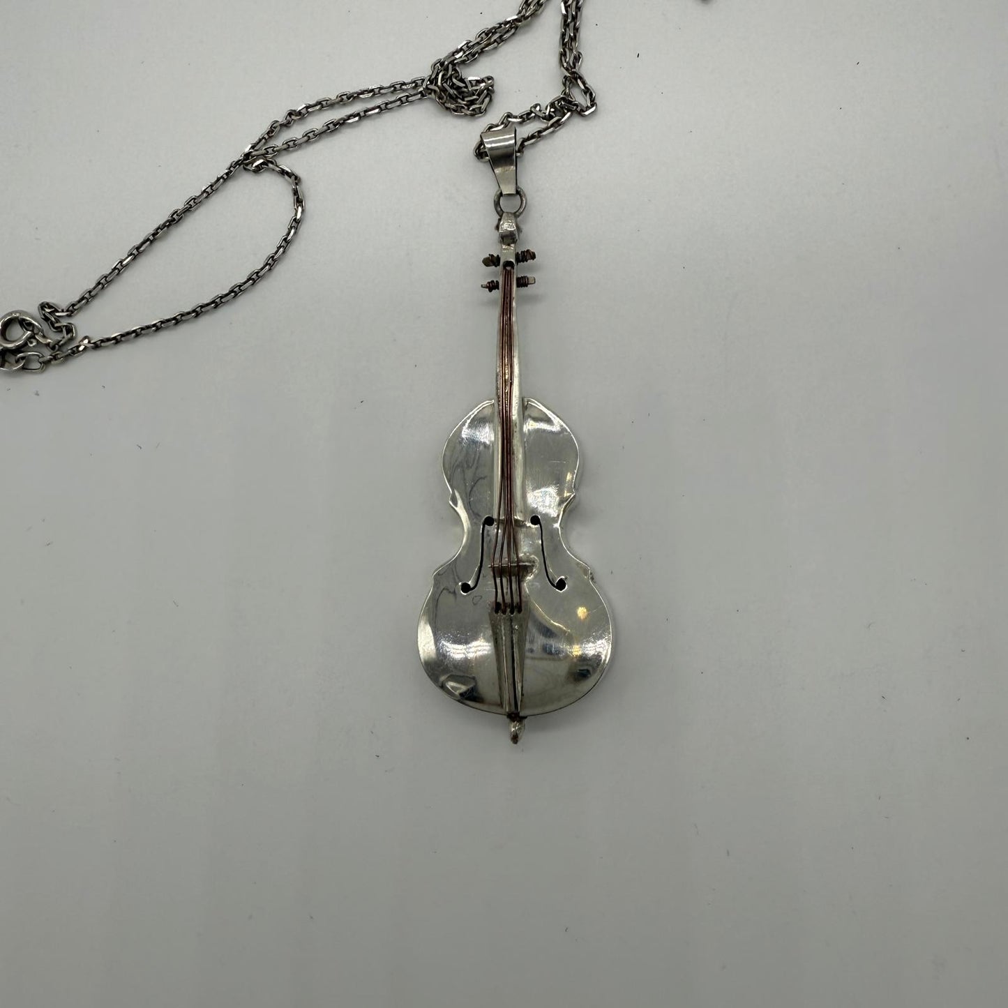 Vintage Sterling Silver Violin Pendant On Sterling Silver chain Necklace.