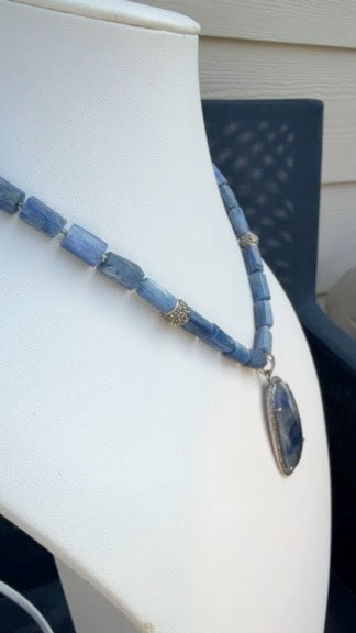 Sapphire Parve Diamonds Vintage Pendant. Sterling Silver Kyanite Necklace OOAK