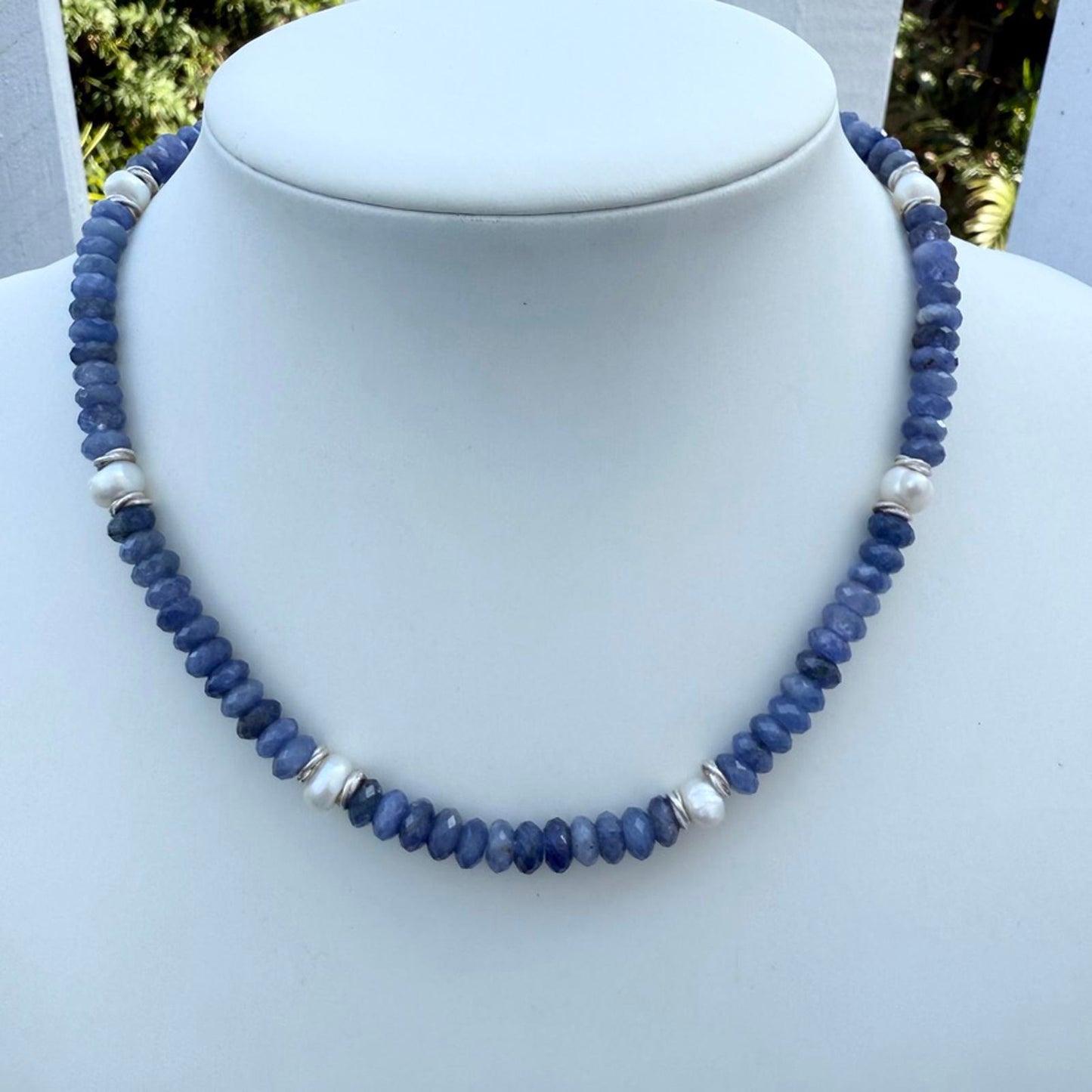 Tanzanite and baroque pearl necklace with sterling silver accents, handmade.